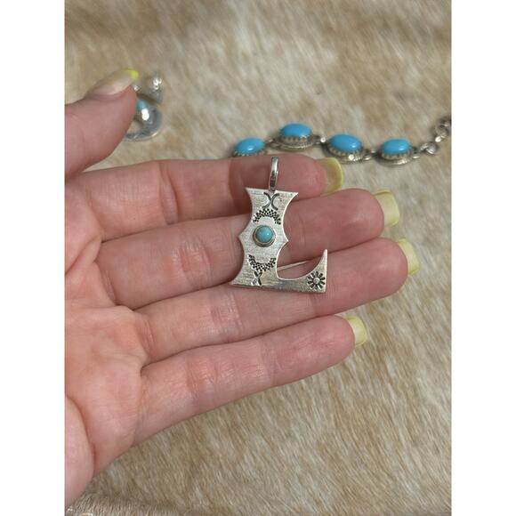 Native American SW Sterling Silver Stamped Initial Turquoise Letter L Pendant - Picture 1 of 9